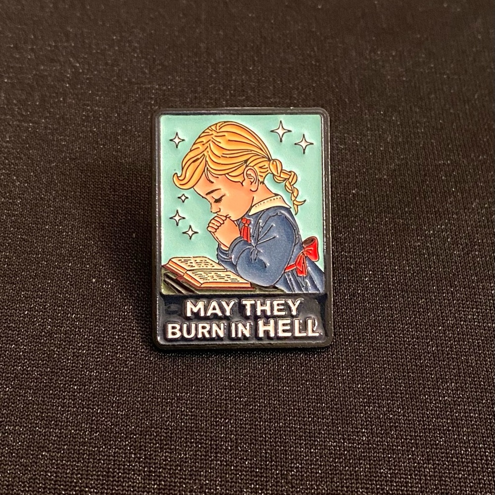 Who is she praying against? Enamel Pin/Magnet with Red Bow and Vengeful Girl